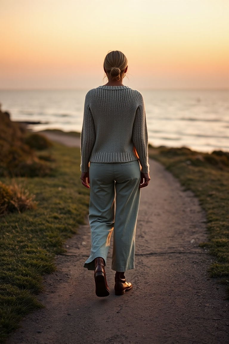 A woman in a fine-knit cashmere sweater, wide-leg linen trousers, and leather ankle boots walks along a quiet