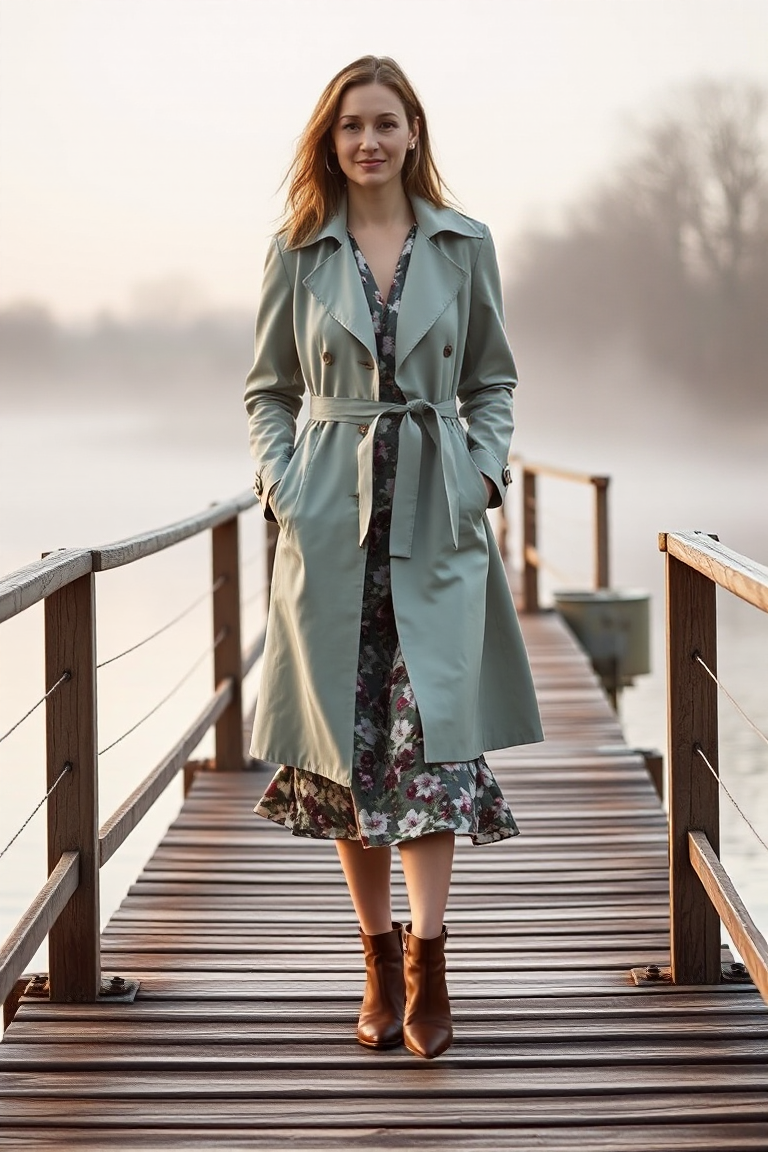 A woman in a pale sage trench coat over a floral midi dress, wearing brown leather ankle boots, standing on a 