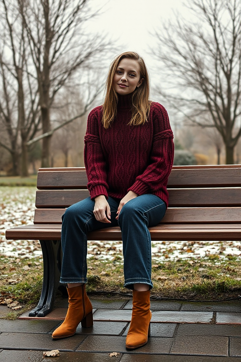 A woman in a deep burgundy cable knit sweater, straight-leg dark denim jeans, and brown suede boots, sitting o