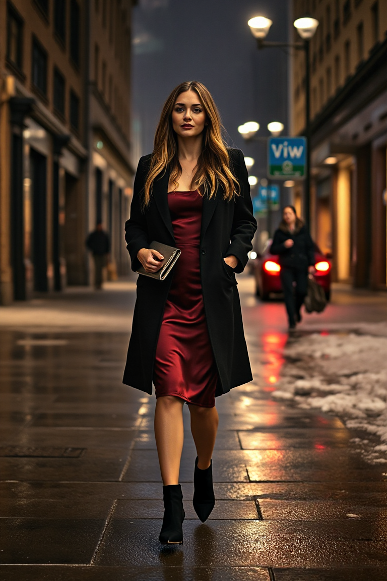 A woman walking down a snowy city street at night, wearing a tailored black wool coat over a fitted burgundy s