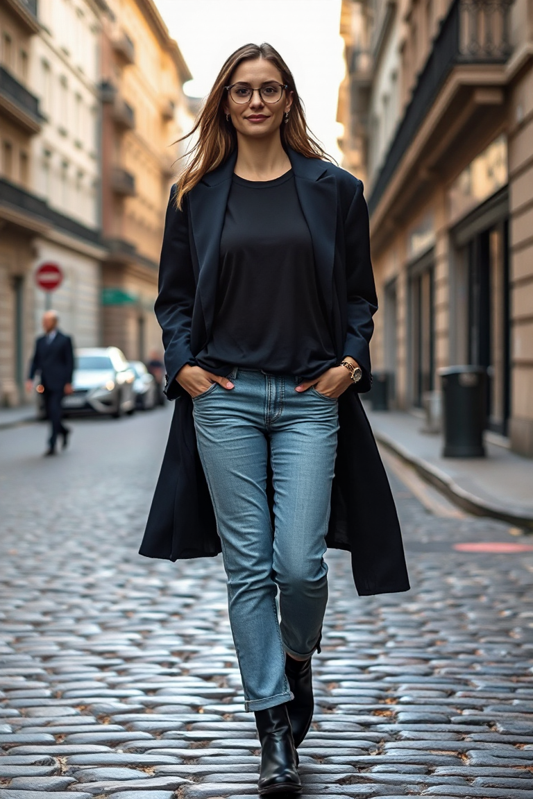 Full-body fashion photo of a woman wearing a black oversized tee tucked into straight-leg light-wash jeans, a 