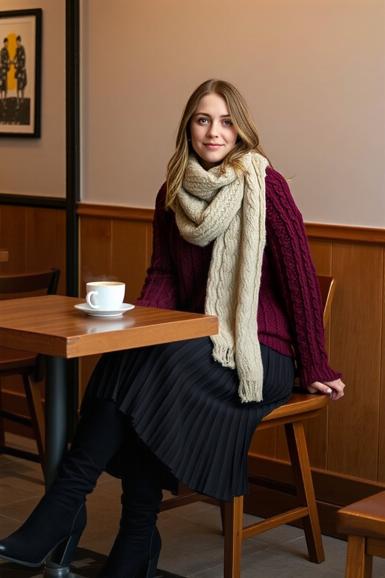 A woman sitting at a wooden table in a cozy café, wearing a deep burgundy cable knit sweater, a pleated black 