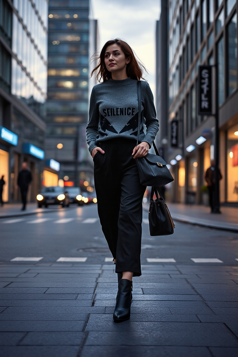 Full-body fashion photo of a woman walking through a modern city street at dusk, wearing black a-line trousers