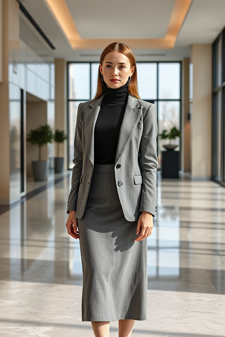 A woman in a black turtleneck, a tailored grey blazer, and a midi skirt, standing in a modern office lobby wit
