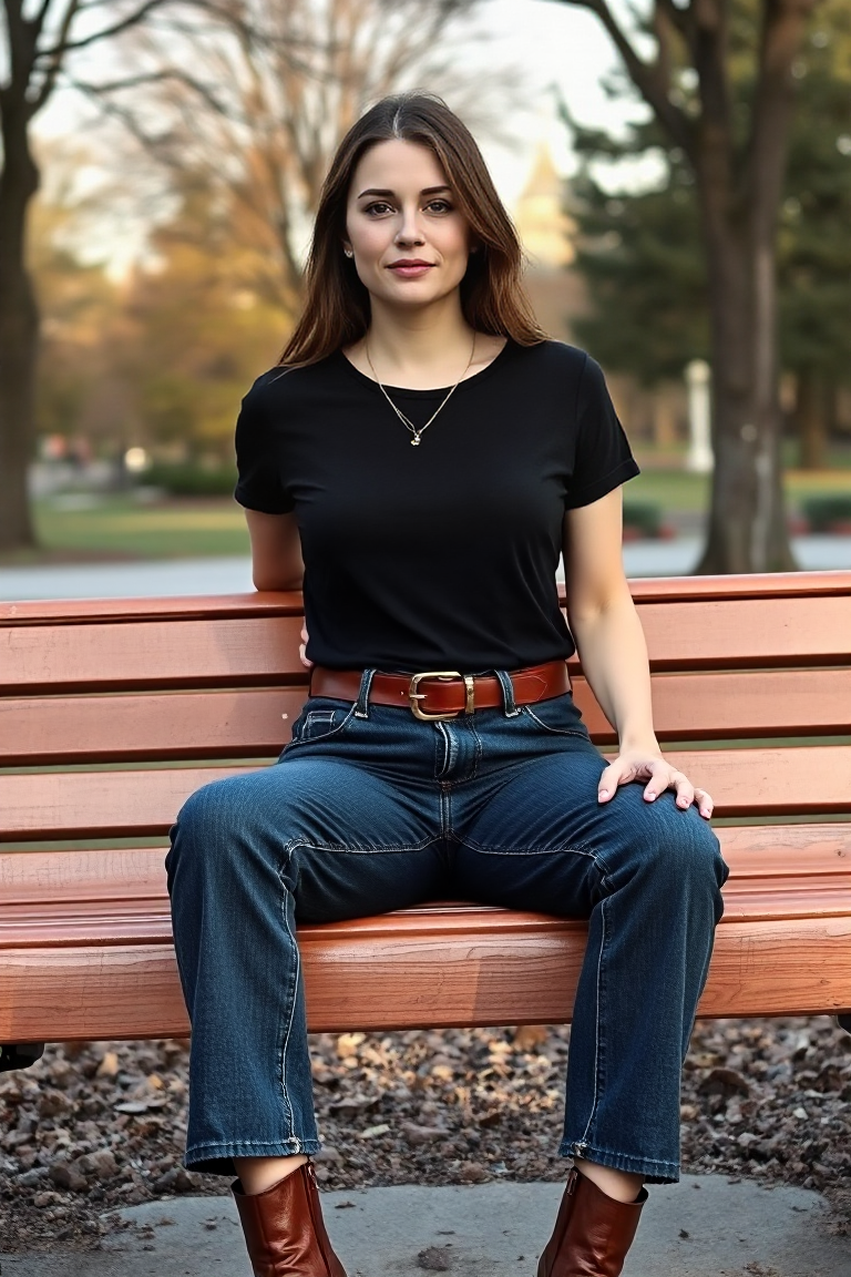 A woman in a black t-shirt, high-waisted straight-leg jeans, and a chunky brown leather belt, wearing ankle bo