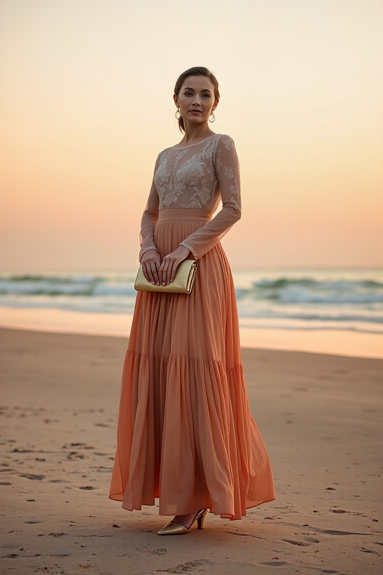 A woman in a flowing, floor-length flared skirt with a sheer lace blouse and pointed-toe sandals, standing on 