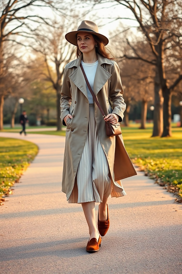 A woman walking through a park on a breezy spring day, wearing a soft taupe trench coat over a cream pleated m