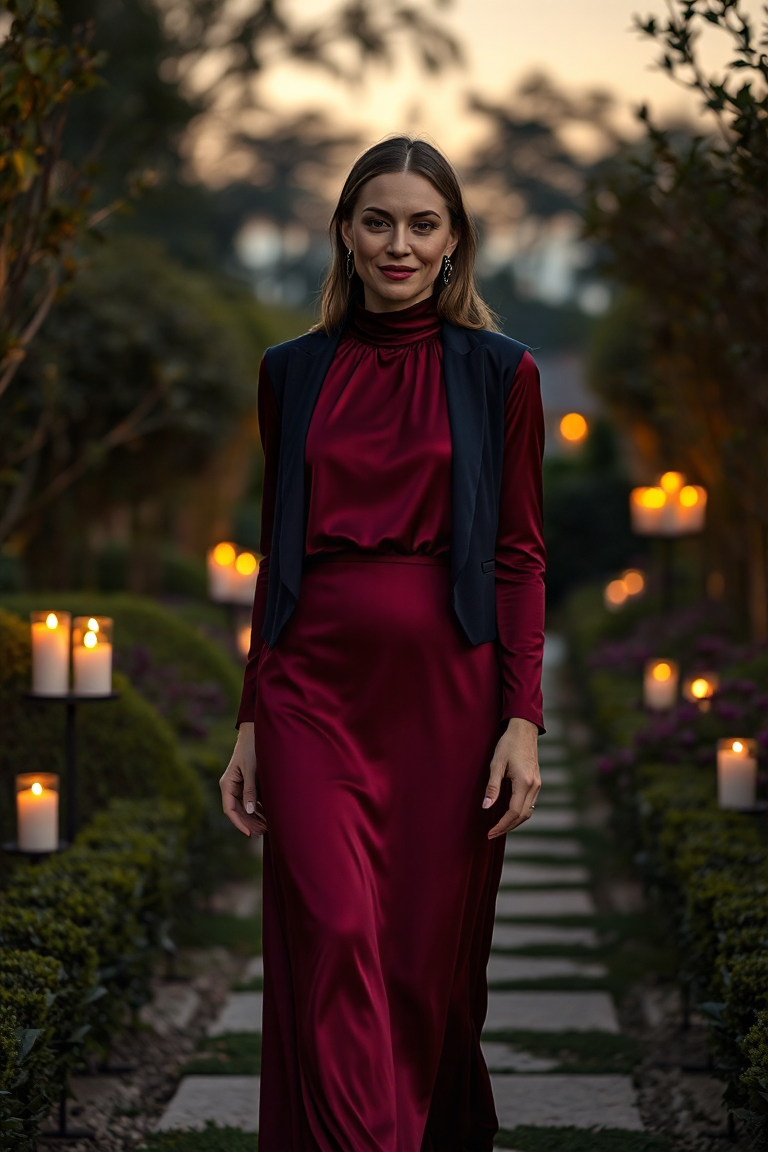 A woman in a high-neck, long-sleeved silk dress in deep burgundy, layered with a cropped navy blazer, walking