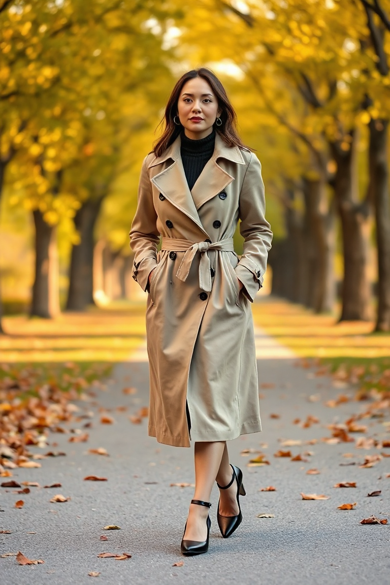 A woman with a pear shape wearing a knee-length beige trench coat with wide lapels, walking through a leafy pa