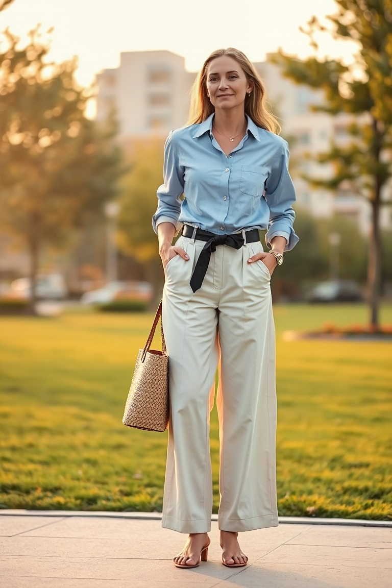 A woman wearing a pale blue button-down shirt tied at the front with a black leather belt, paired with wide-le