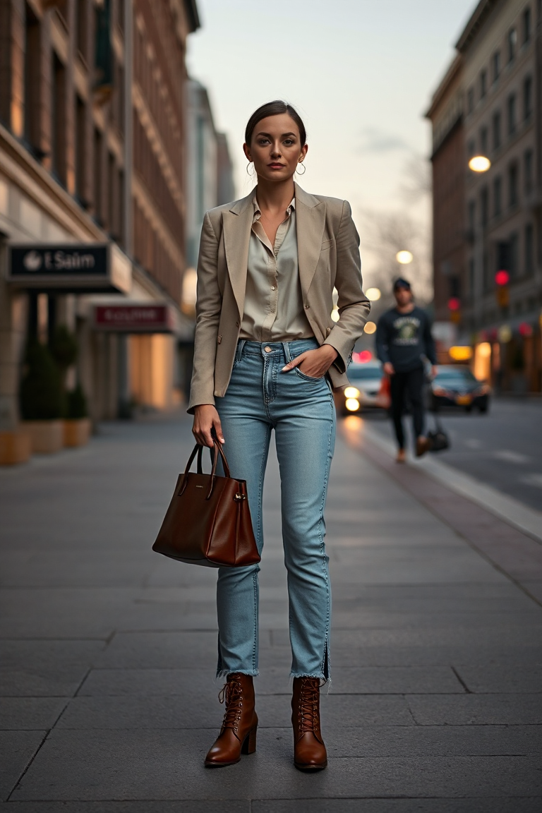 A woman in a high-waisted straight-leg light-wash denim jeans, a fitted cream silk blouse, and a cropped tailo
