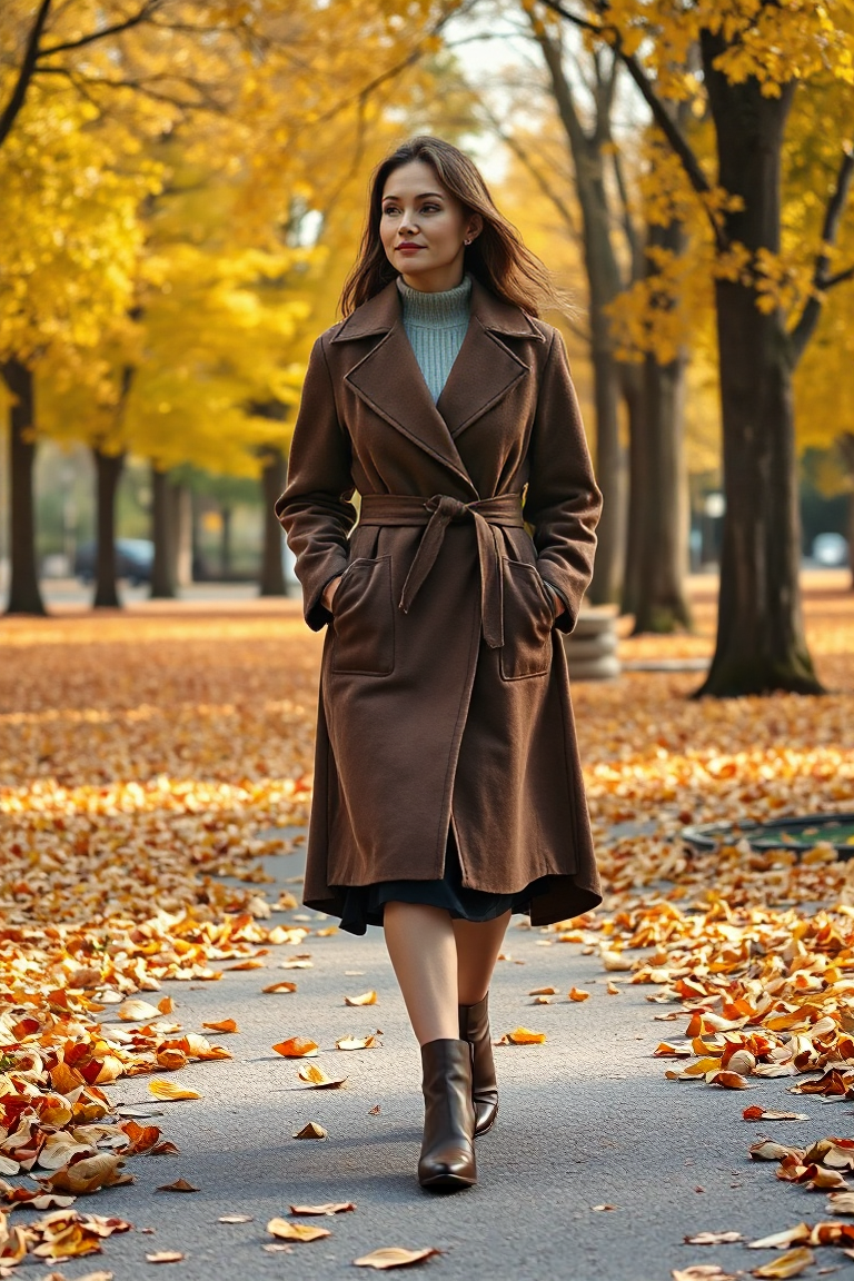 A woman in a belted cashmere coat walking through a park in autumn, surrounded by golden leaves, wearing a mid