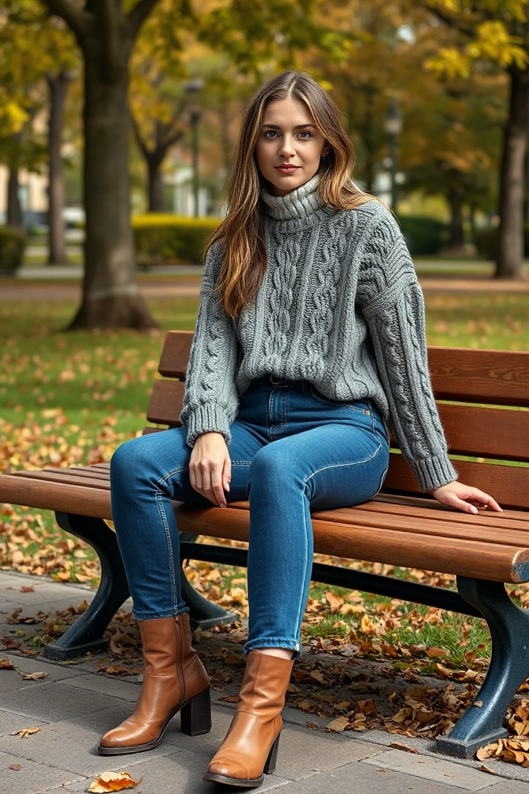 A woman in a grey cable knit sweater layered over a white turtleneck, paired with high-waisted blue jeans and 