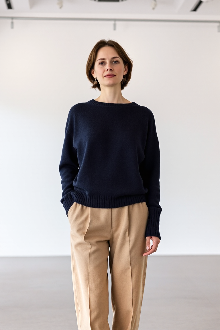 A woman in a beige a-line trouser and a navy cashmere sweater, standing in a modern gallery space with white w