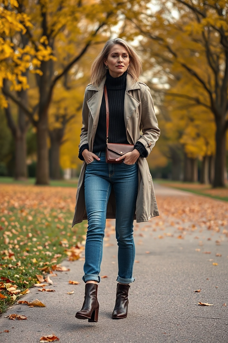 A woman in a medium wash boyfriend jeans, a ribbed black sweater, and ankle boots, walking through a park in a