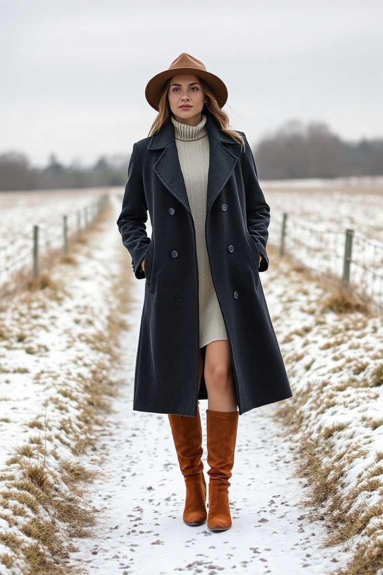 A woman in a charcoal longline coat stands on a snowy countryside path, wearing a cream knit dress, brown sued