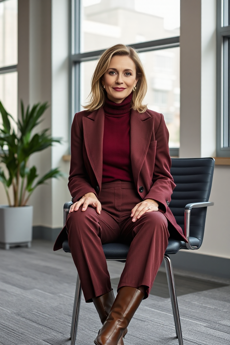 A woman in a deep burgundy turtleneck layered under a tailored blazer, paired with tailored trousers and point