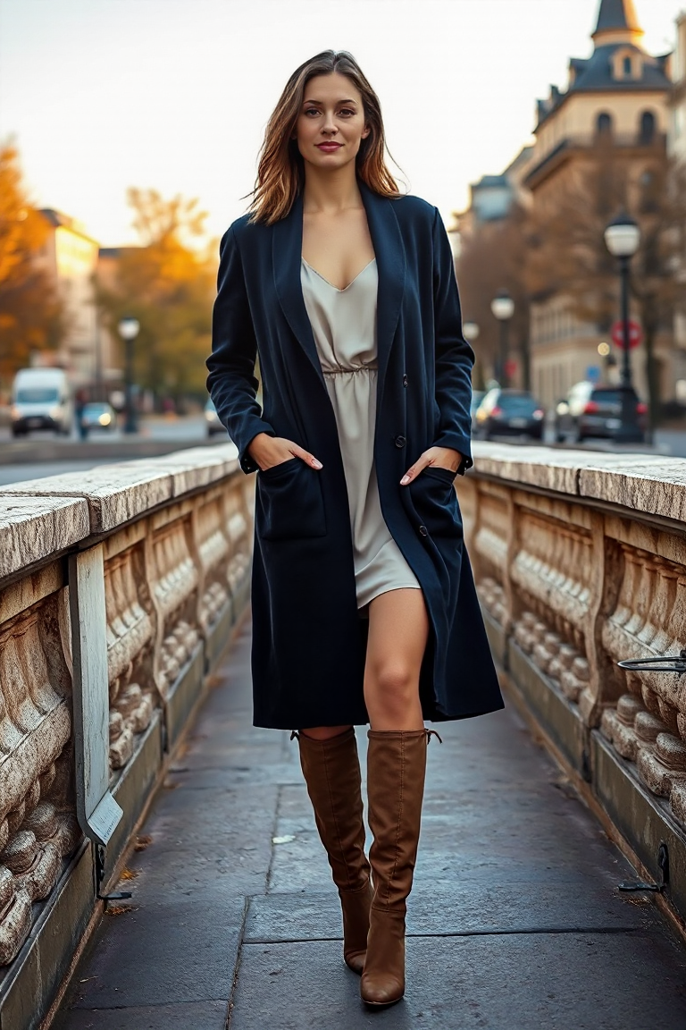 A woman in a navy cardigan over a cream slip dress, knee-high boots, standing on a stone bridge in an autumnal
