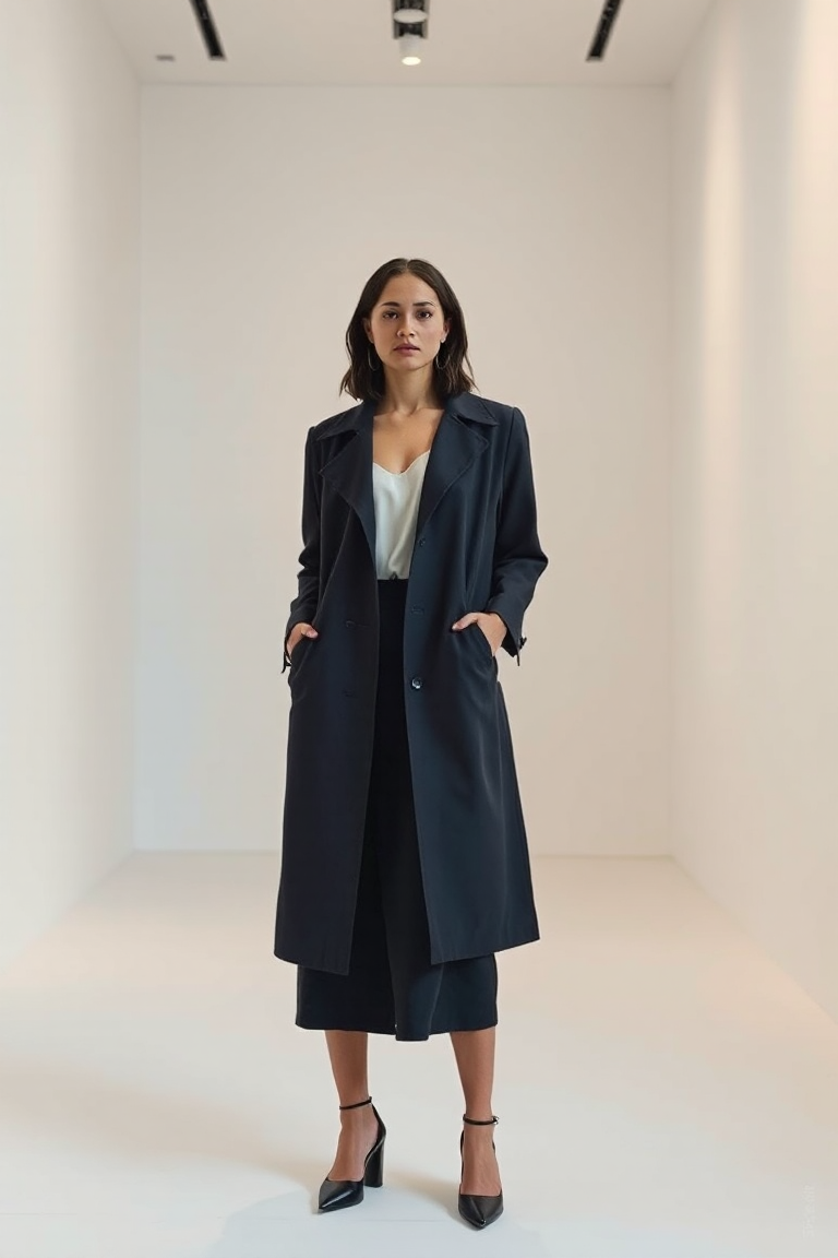 A woman in a structured navy trench coat, white silk camisole, and dark wool skirt stands in a minimalist city
