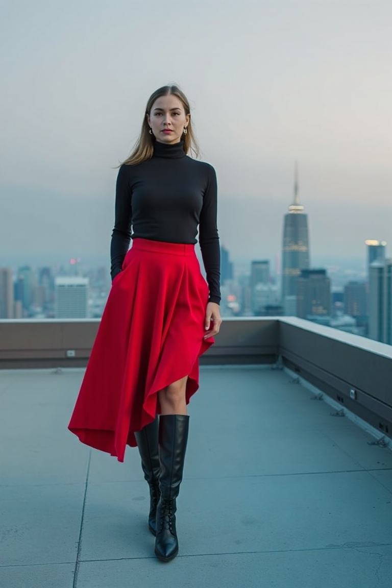 A woman in a vibrant red flared skirt with a fitted black turtleneck sweater and tall black boots, standing on