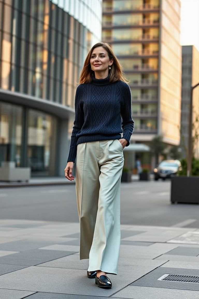 A woman in a navy cable knit sweater, wide-leg cream trousers, and black loafers, walking through a modern cit