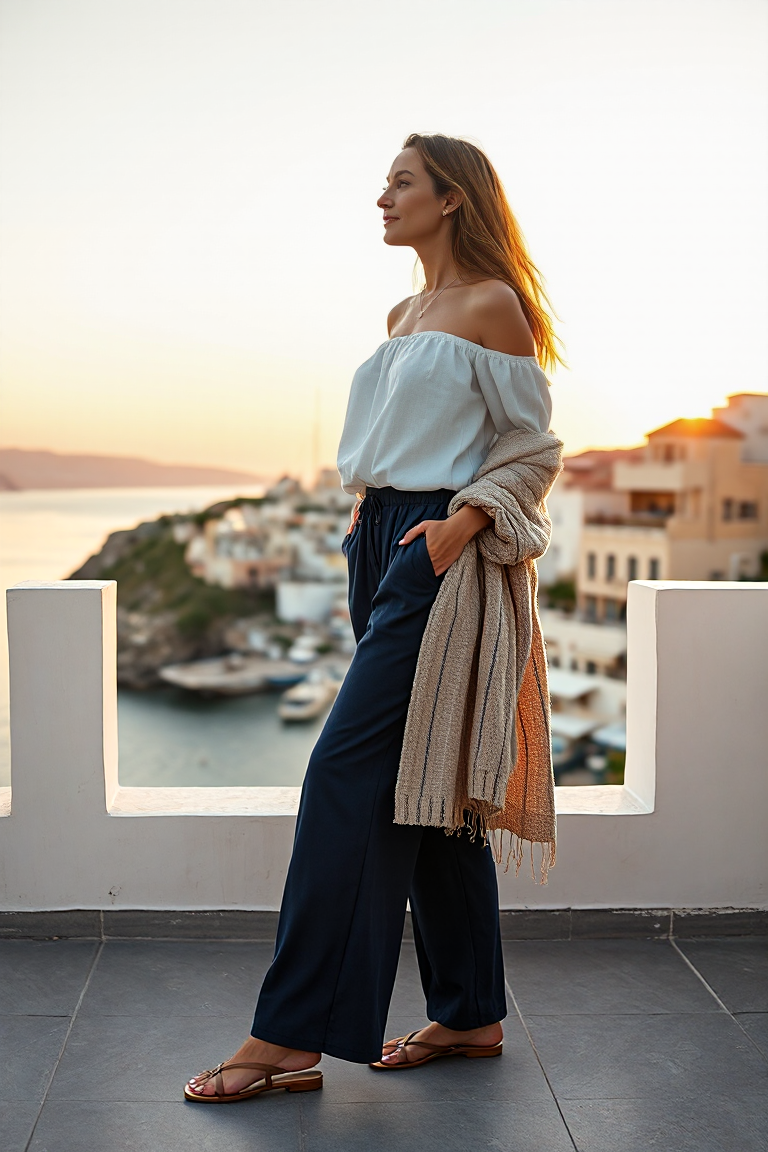 A woman in a breezy off-the-shoulder white top with navy wide-leg linen trousers, wearing flat sandals and a l
