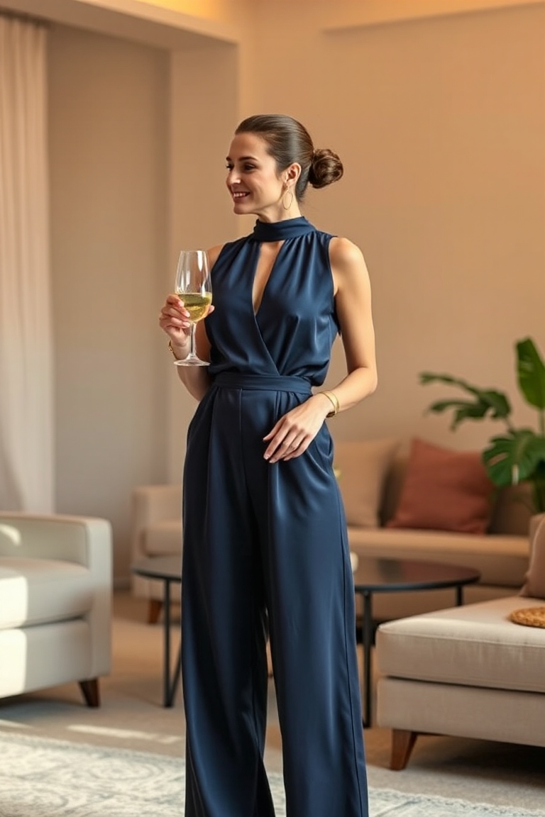 A woman standing in a modern living room with warm lighting, wearing a structured wide-leg jumpsuit in navy si