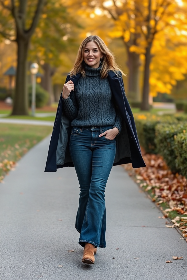 A woman walking down a park path in autumn, wearing a charcoal grey cable knit sweater, high-waisted flared je