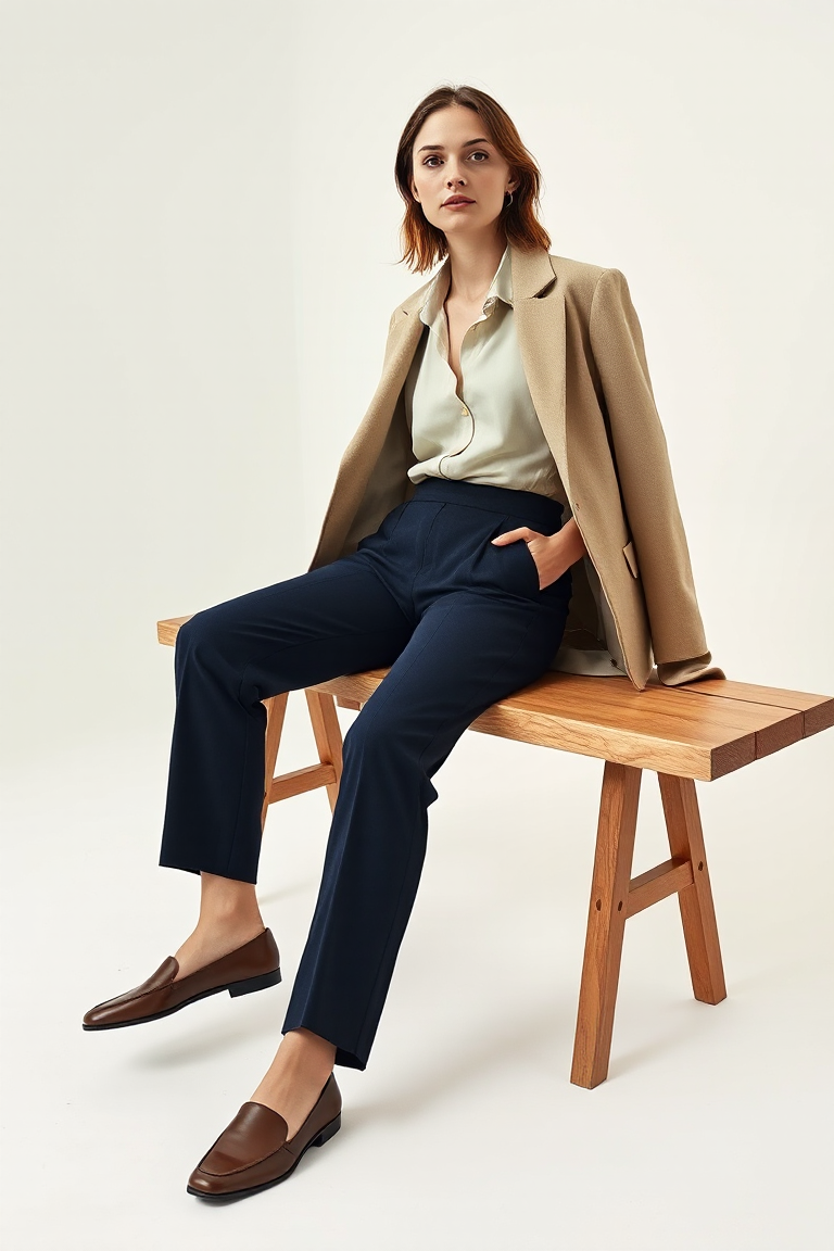 Full-body fashion photo of a woman sitting on a wooden bench in a minimalist studio, wearing a tailored a-line