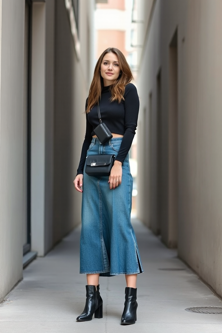 A woman in a high-waisted, wide-flare denim skirt and a cropped black sweater, posing in a modern urban alleyw