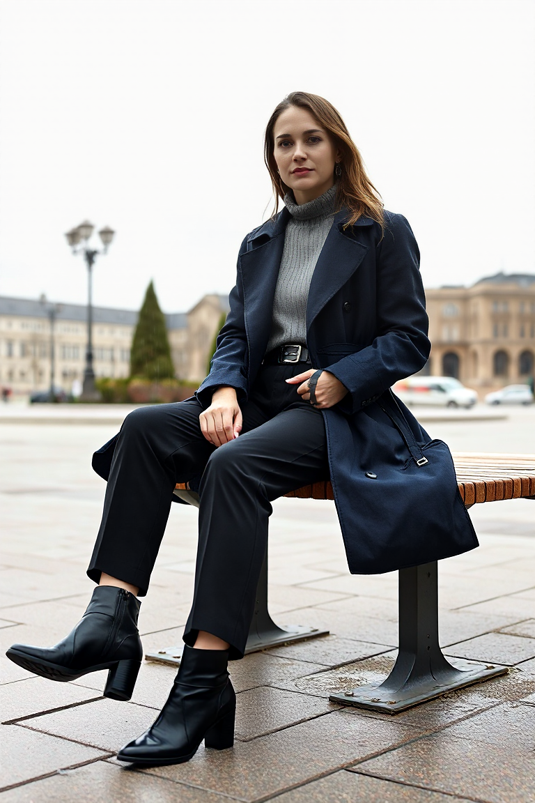 A woman sitting on a bench in a city square during a light drizzle, wearing a navy trench coat over a light gr