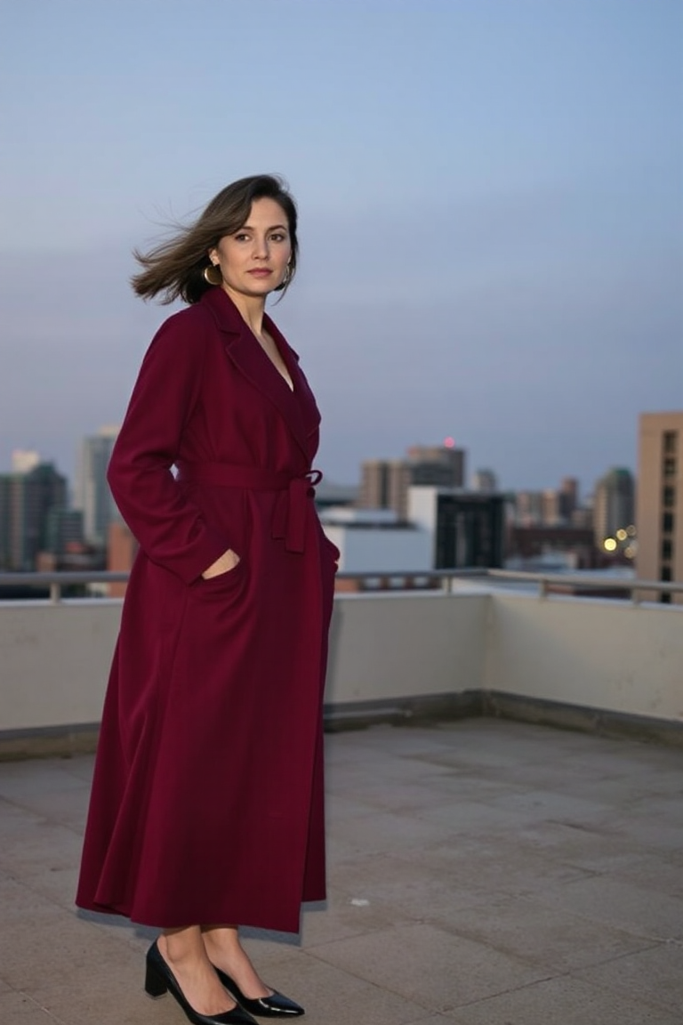 A woman with a rectangle shape wearing a long, draped wrap coat in deep burgundy, standing on a modern city ro