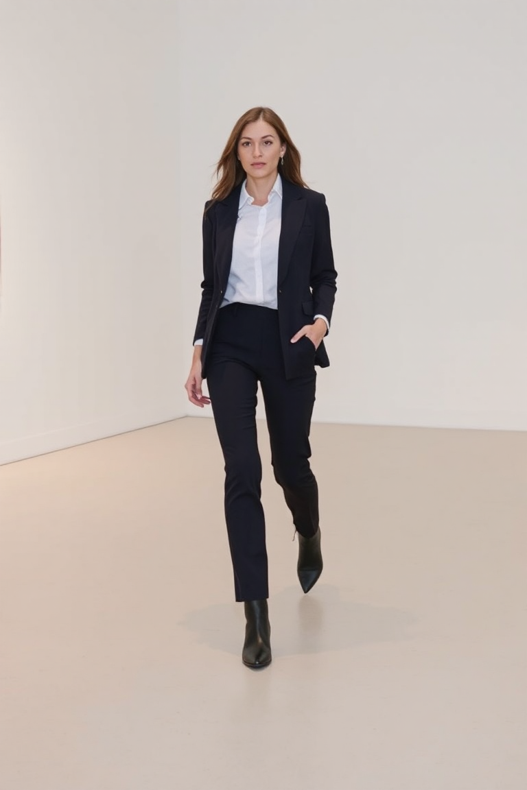 A woman in a crisp white button-down shirt layered under a navy tailored blazer, paired with tailored black tr