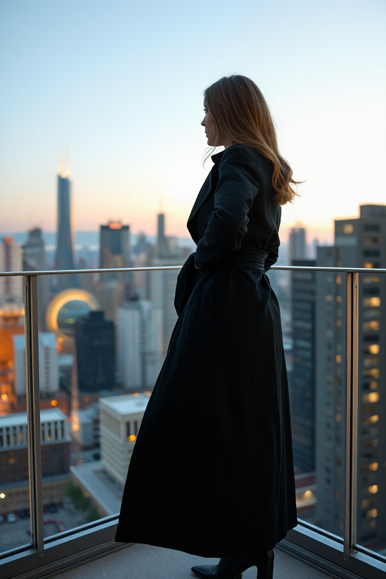 A woman in a long black trench coat with a cinched waist, standing on a modern balcony overlooking a city skyl
