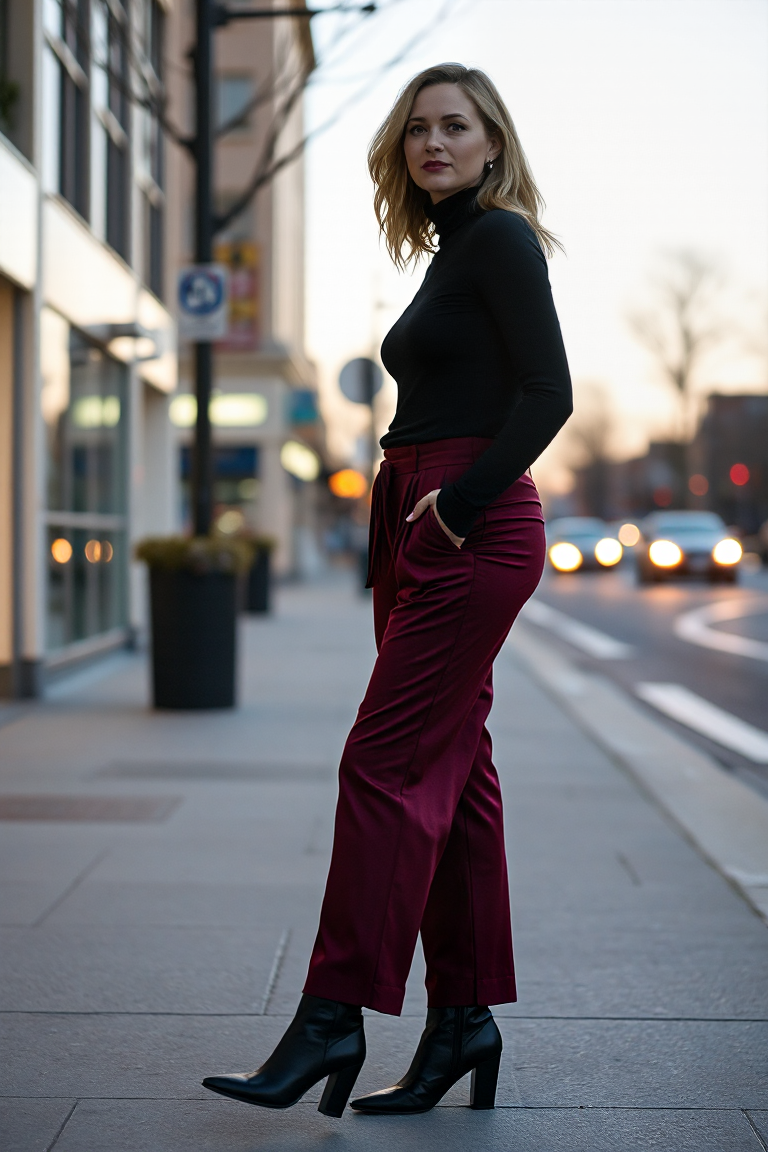 A woman in a deep burgundy a-line trouser with a black turtleneck and black ankle boots, standing on a city si