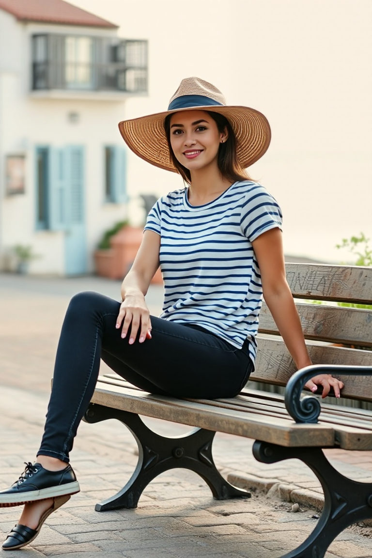 A woman in black denim jeans, a striped white-and-blue t-shirt, and a wide-brimmed hat, sitting on a vintage w