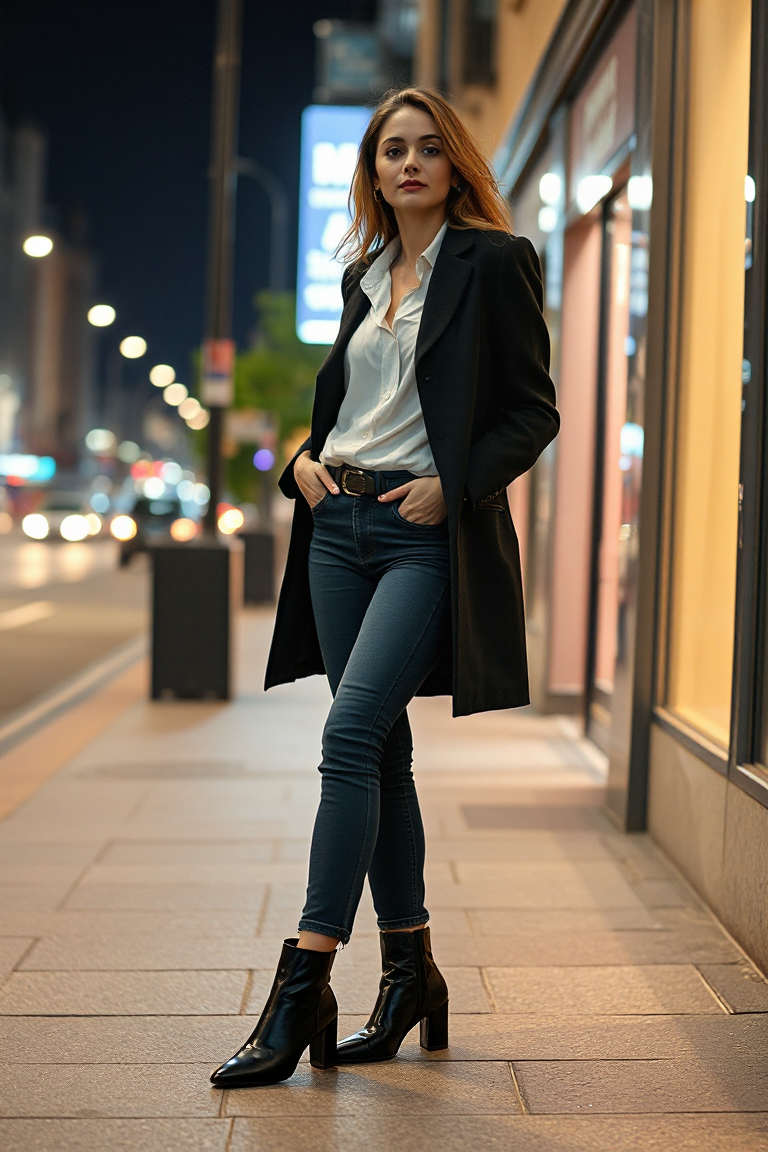 A woman in a black longline coat poses on a city sidewalk at night, wearing a white silk blouse, high-waisted