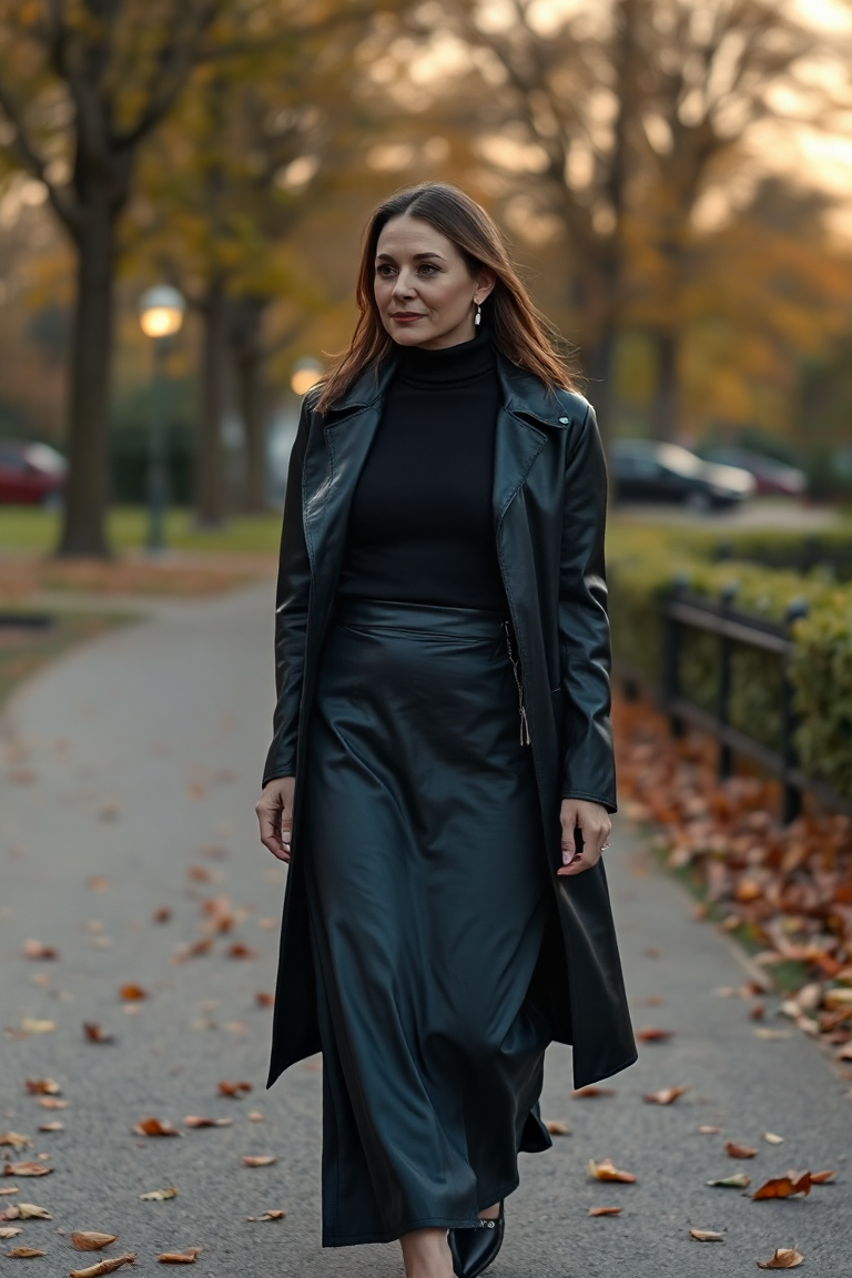 A woman in a black turtleneck with a satin midi skirt and long leather coat, walking through a park at dusk wi