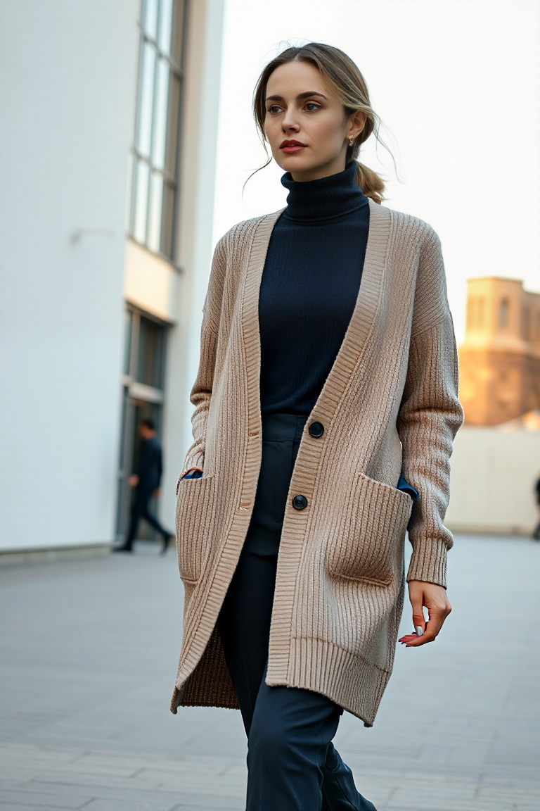 A woman in a beige cardigan over a navy turtleneck and tailored trousers, walking in a minimalist urban settin