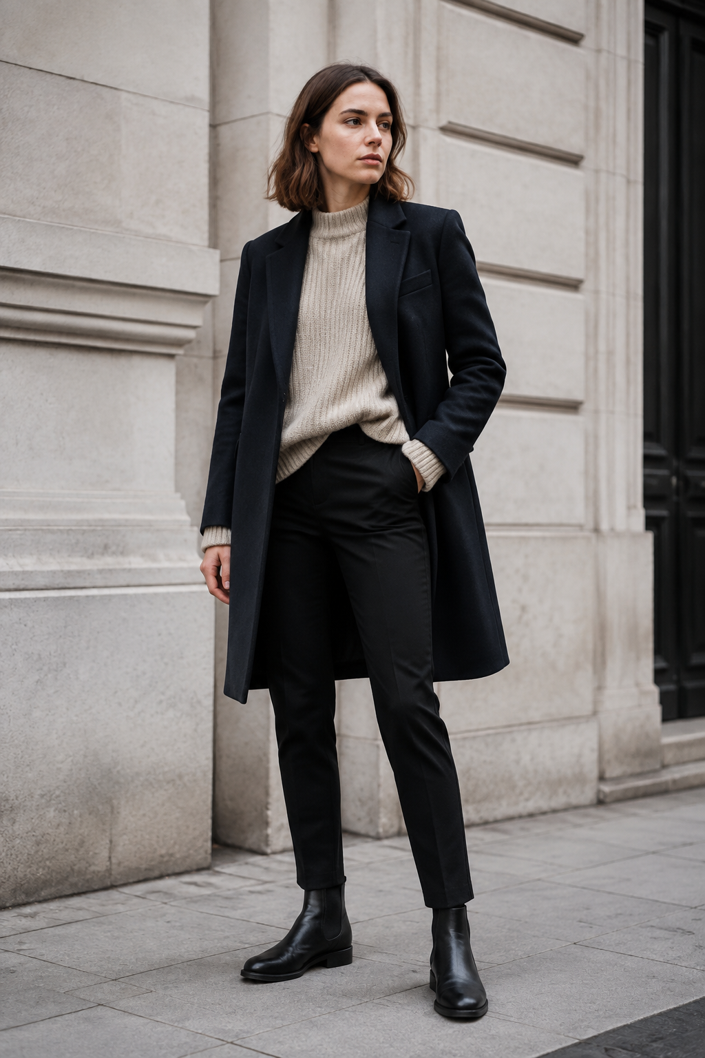 Full-body fashion photo of a woman in a structured navy tailored coat layered over an oversized oatmeal chunky