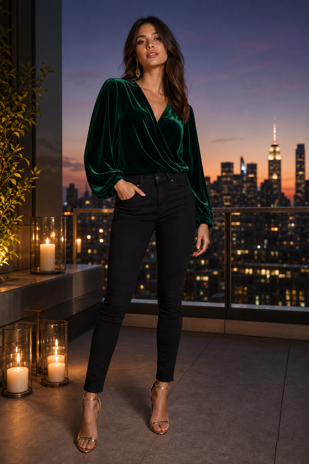 Full-body fashion photo of a woman in sleek black skinny jeans, an emerald green velvet blouse with softly dra
