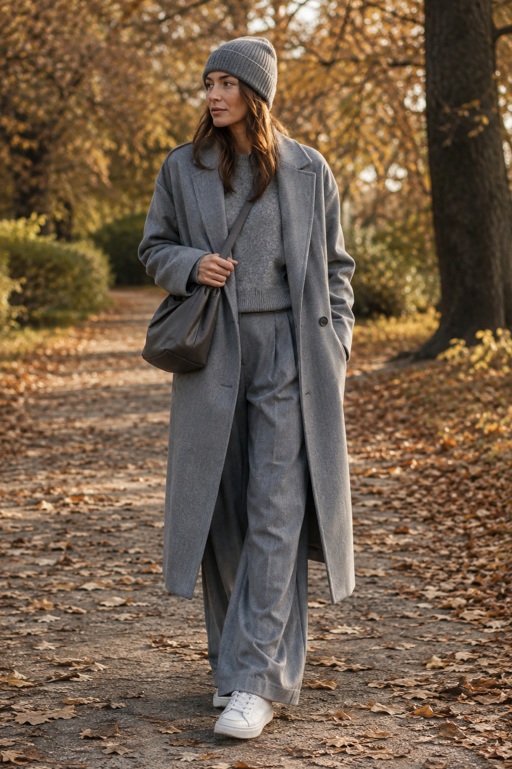 Full-body fashion of a woman wearing a long grey formal coat over a tonal grey jumper and wide trousers with m