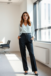A woman wearing high-waisted black trousers paired with a fitted white blouse and a leather belt, standing con