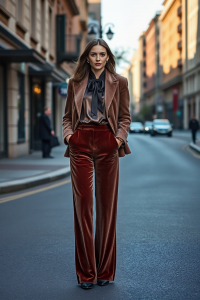 A woman in a full-length velvet trouser with a silk blouse and a wool blazer, standing in front of an urban st