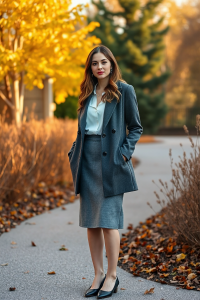 A woman in a knee-length wool blazer coat, paired with a grey skirt and a white blouse, standing in an autumn