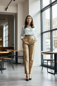 A woman in a tailored high-waisted beige trousers paired with a silk white blouse and pointed-toe black heels,