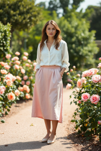 A woman in a pastel pink linen midi skirt paired with a white silk blouse and nude pointed-toe flats, standing