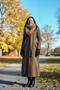 A woman wearing a long wool coat with a scarf and gloves, standing in a park during autumn, with leaves on the