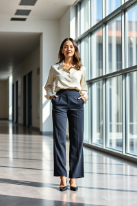 A woman in a wide-leg navy wool trousers, a cream silk blouse, and pointed-toe black heels, standing in a mode