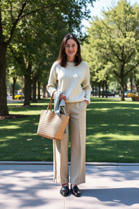 A woman stands in a sunlit city park wearing a cream ribbed sweater, beige wide-leg trousers, and black loafer
